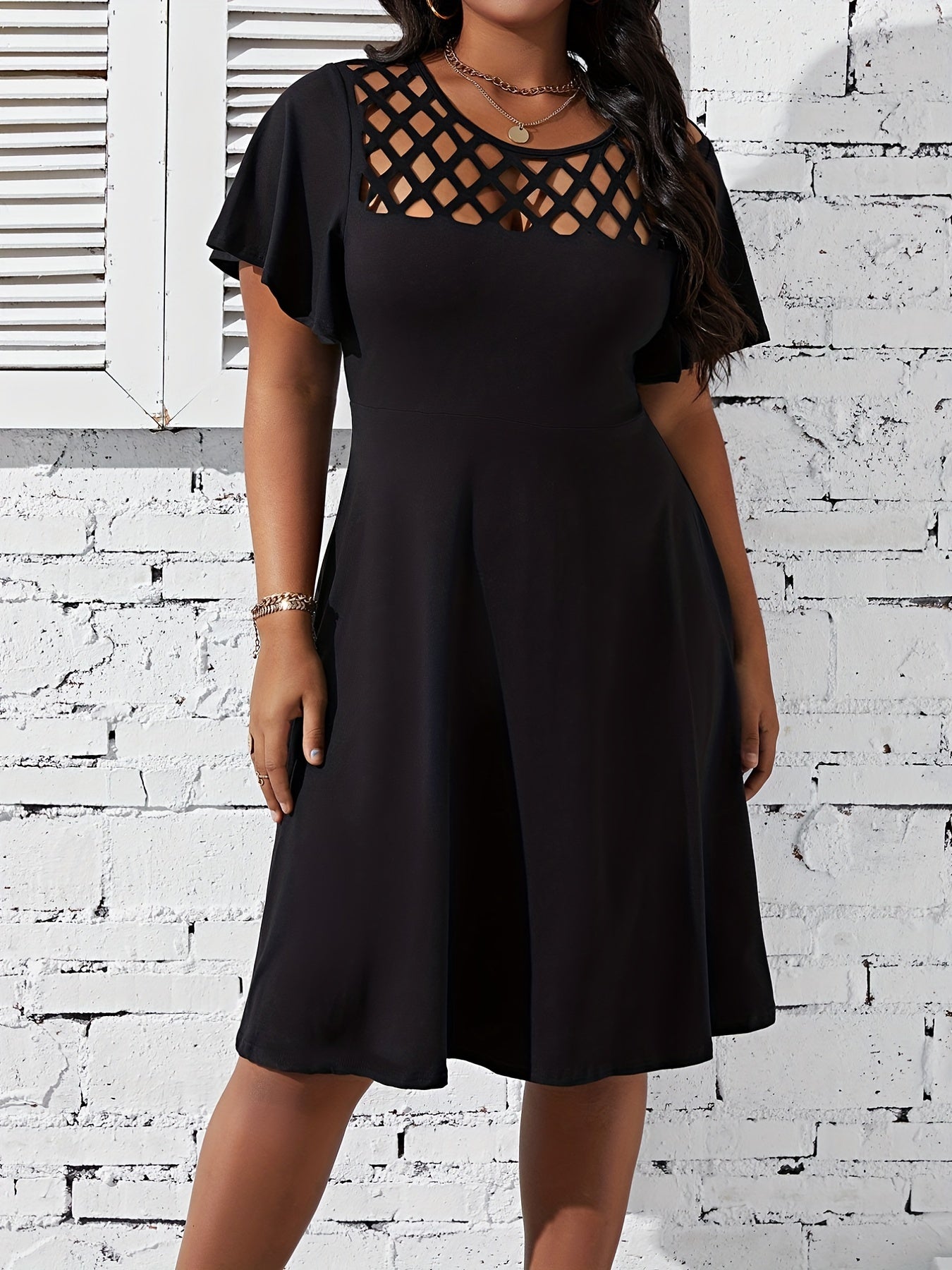 Solid Hollow Out Ruffle Sleeve Dress
