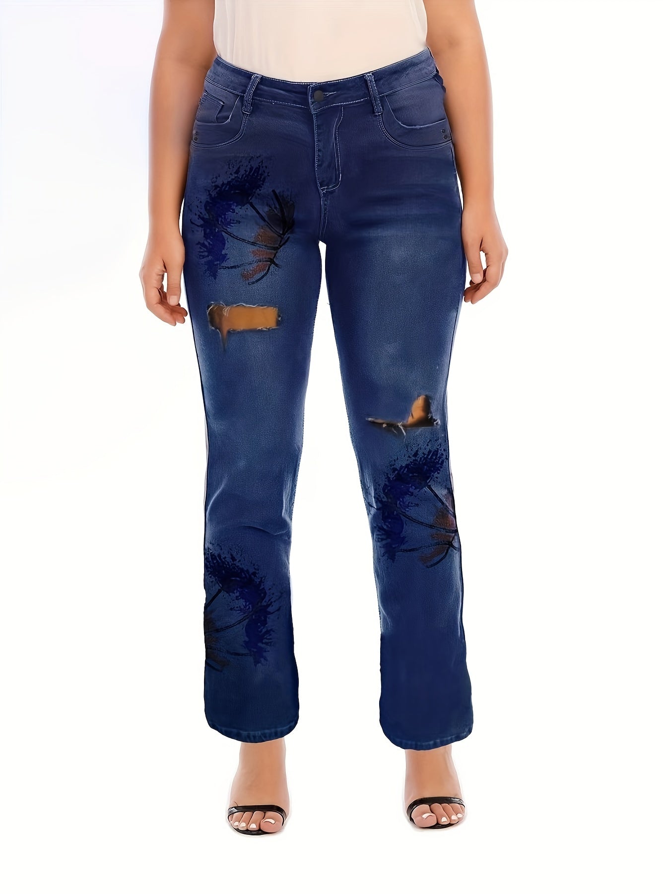 Women's Plus Floral Print Cut Out Button Fly High Stretch Jeans