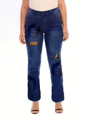 Women's Plus Floral Print Cut Out Button Fly High Stretch Jeans