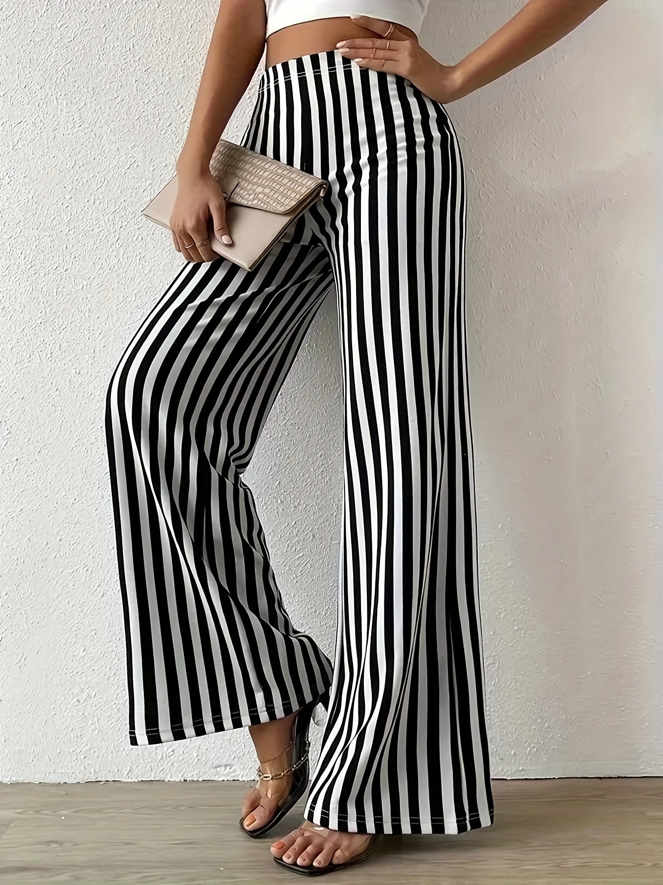 Stripe Print Flare Leg Pants Loose Pants For Spring & Fall