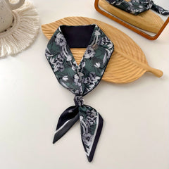 Dark Green Vintage Skinny Scarf Flower Print Long Ribbon Neckerchief