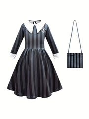 Girl's Stripe Print Dress With Bag Set TV Series Character Cosplay Costume