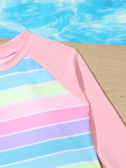2pcs Rainbow Striped Tankini Swimsuit Long Sleeve Top Beach