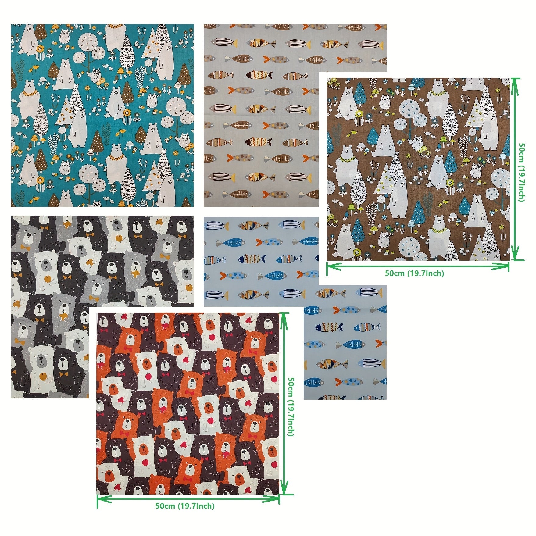 6pcs Bear Animal Pattern Quilting Fabric Cotton DIY Doll Clothes Fabric