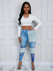 Denim Print Skinny Leggings Long Length Casual Pants Women's Clothing