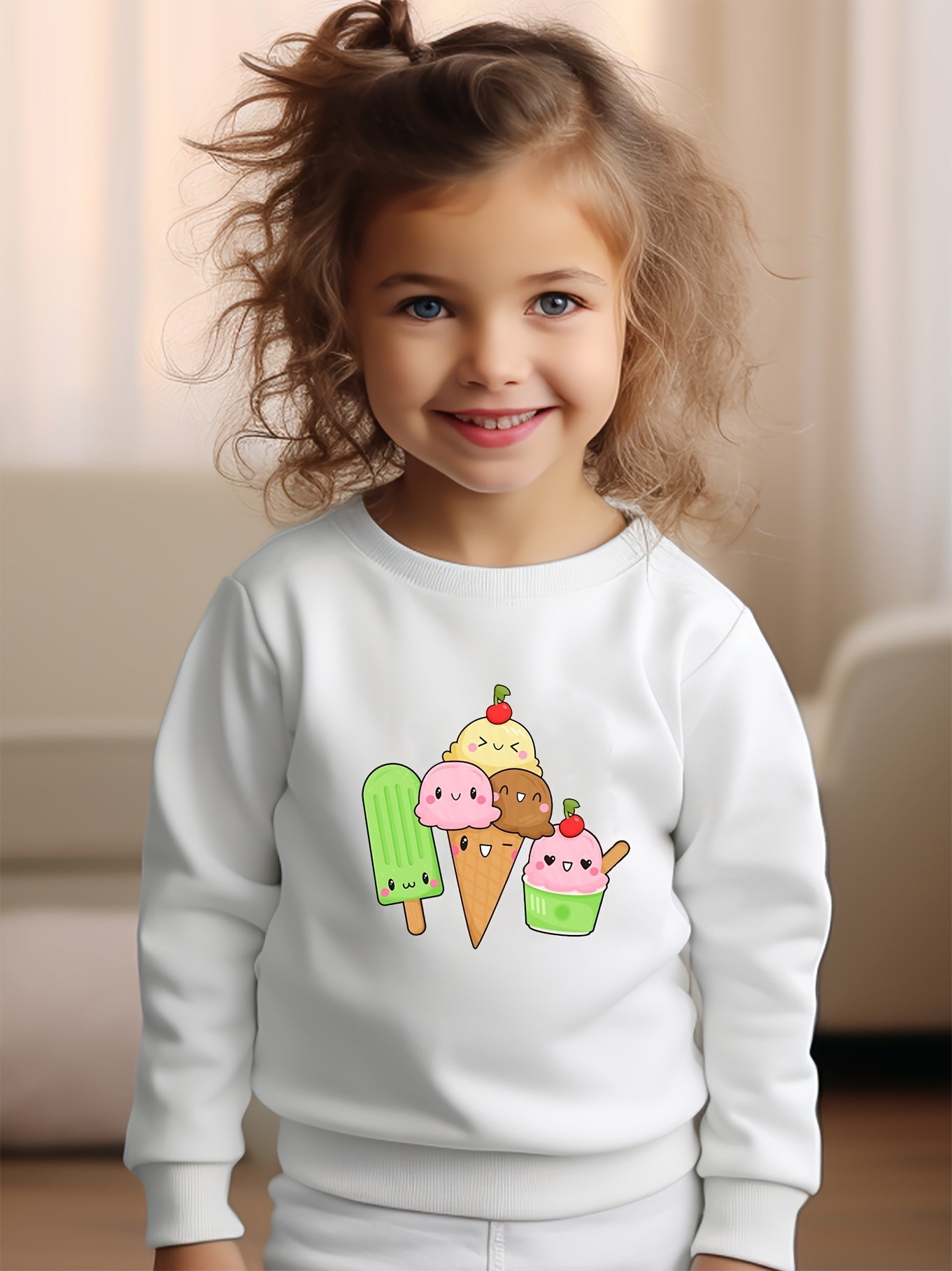 Girls Ice Creams Pattern Crew Neck Sweatshirt For Spring Fall Christmas Gift