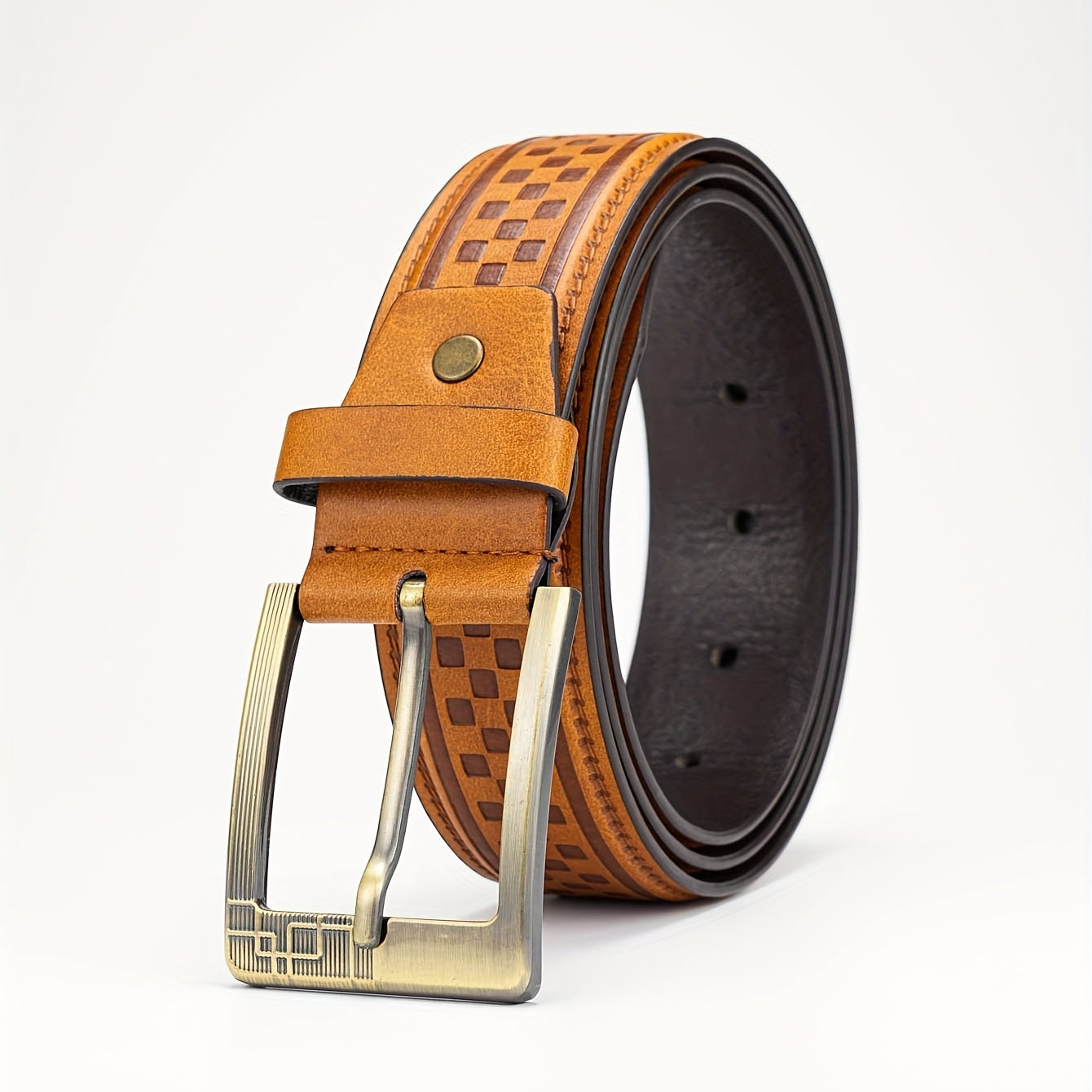 Men's Plaid Embossed Belt with Alloy Pin Buckle