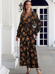 Floral Print Flounce Sleeve Maxi Dress With Belt