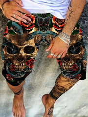 Skull Rose Print Shorts Men's Casual Elastic Waist Summer Shorts