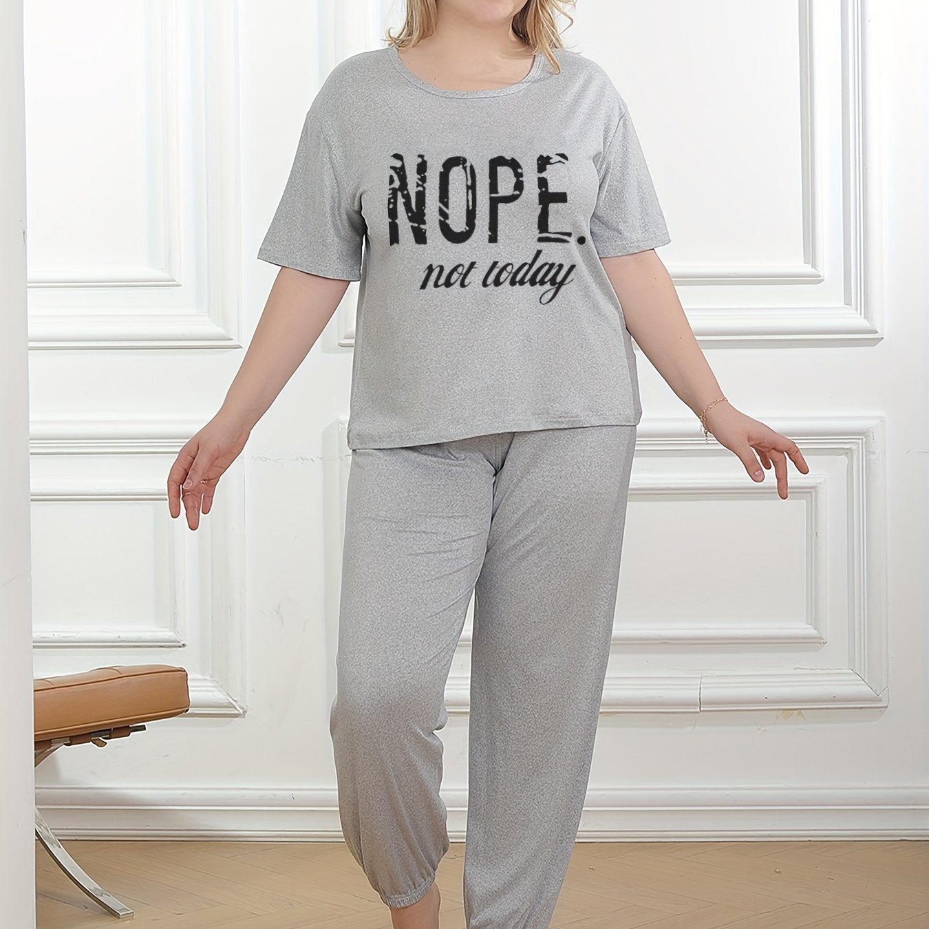 Slogan Print Pajama Set - T Shirt & Joggers Home Wear