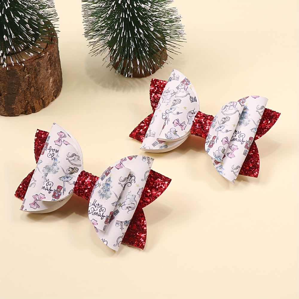 Red Christmas Glitter Bow Hairpin Faux Leather Clip