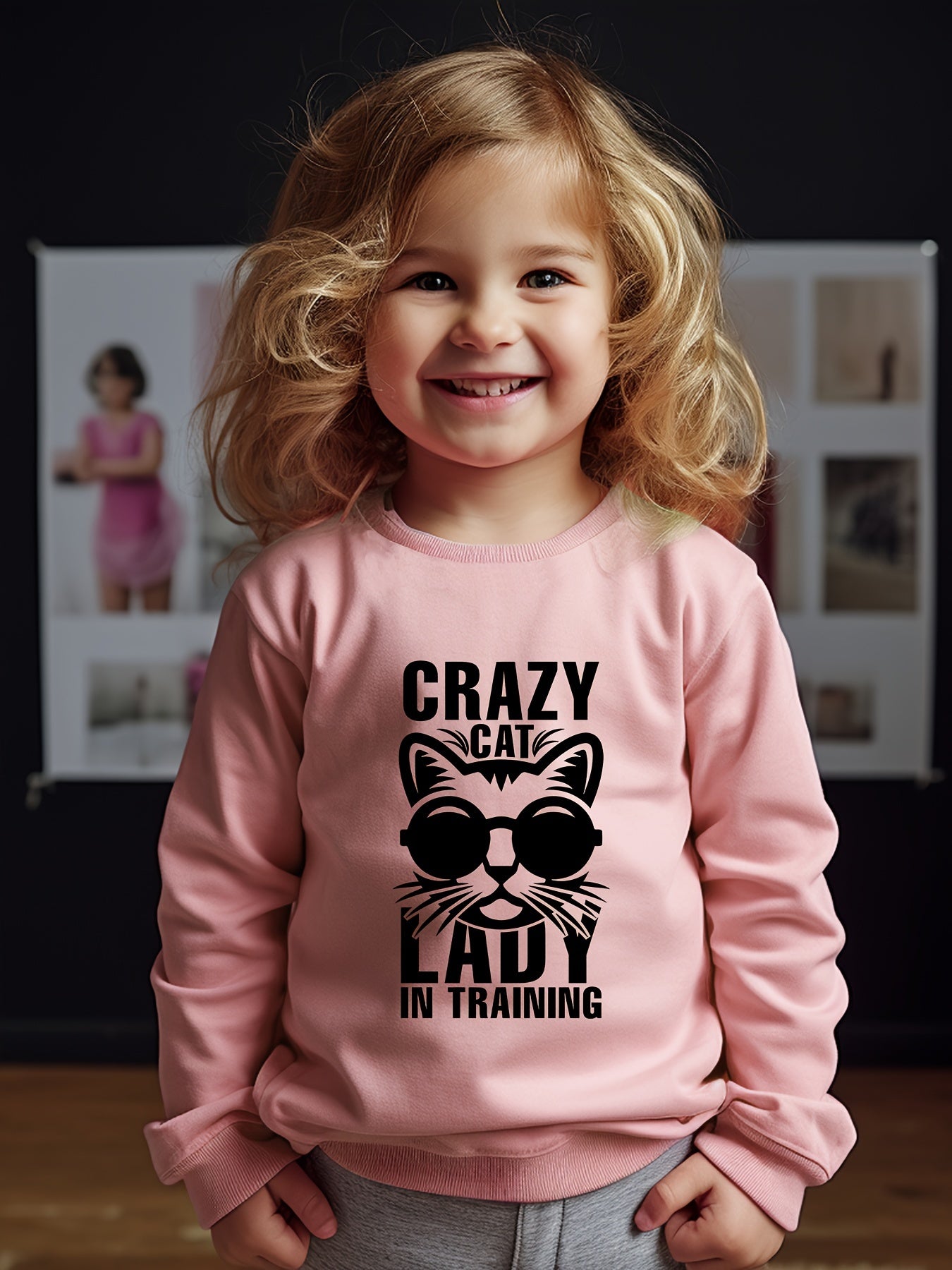 Girls Cat Pattern Crew Neck Sweatshirt Spring Fall Christmas Gift