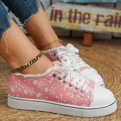 Pink Skull Pattern Sneakers Halloween Lace Up Low Top Flat Canvas Shoes