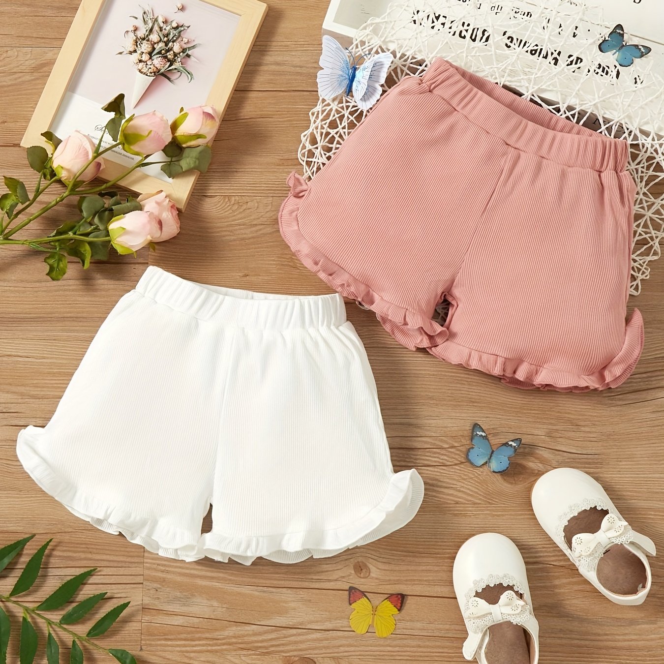 Girls Frill Edge Ribbed Casual Shorts Elastic Waist Slim Fit for Summer