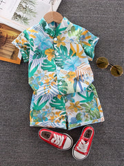 Boys Leaf & Flower Print Outfit Shirt & Shorts Kids Summer Clothes Sets