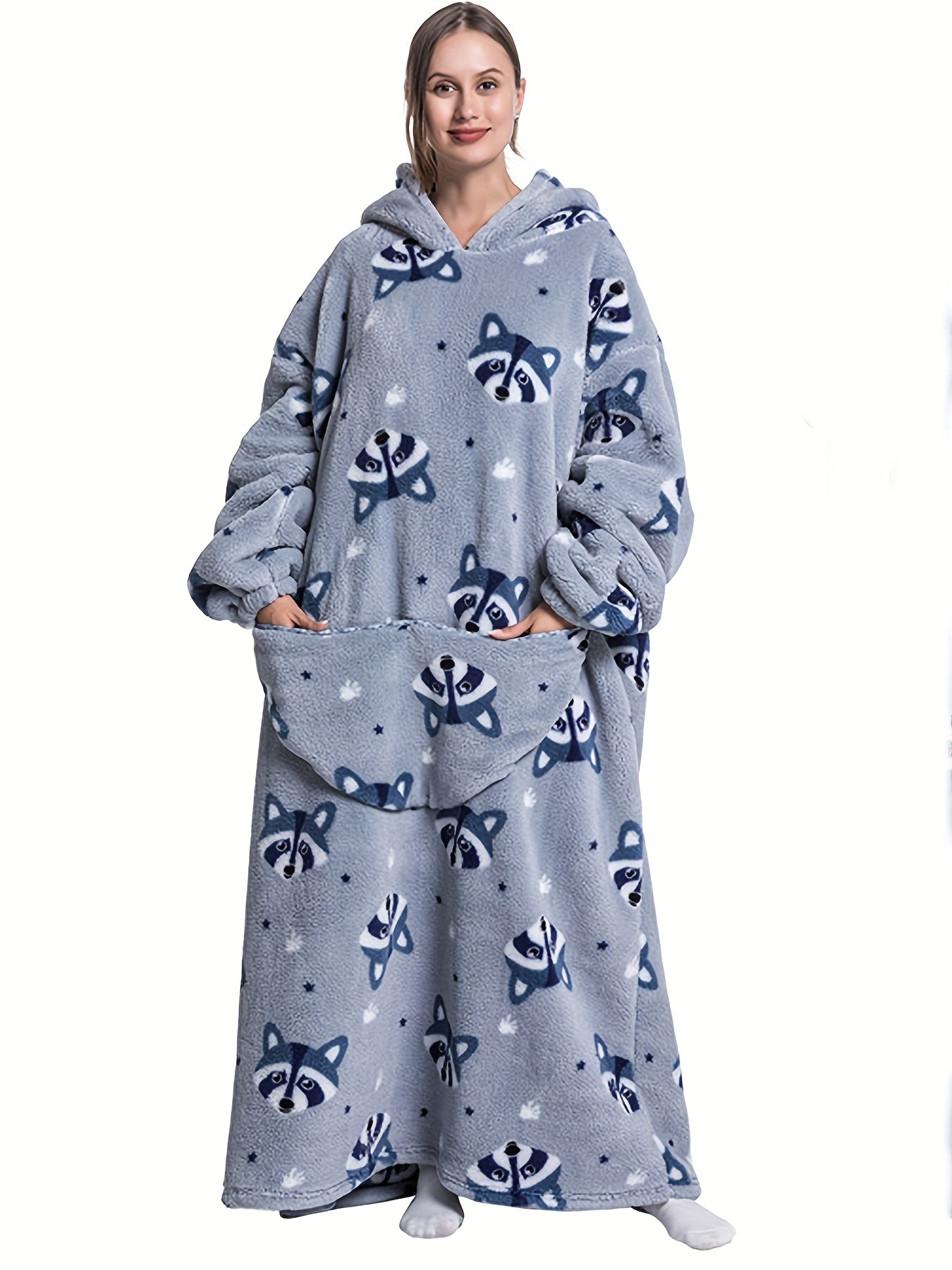 Women's Plus Size Raccoon Pattern Flannel Hoodie Nightgown