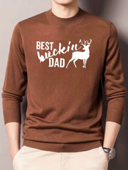 Dad & Deer Print Knitted Sweater Men's Warm Crew Neck Pullover For Fall Winter