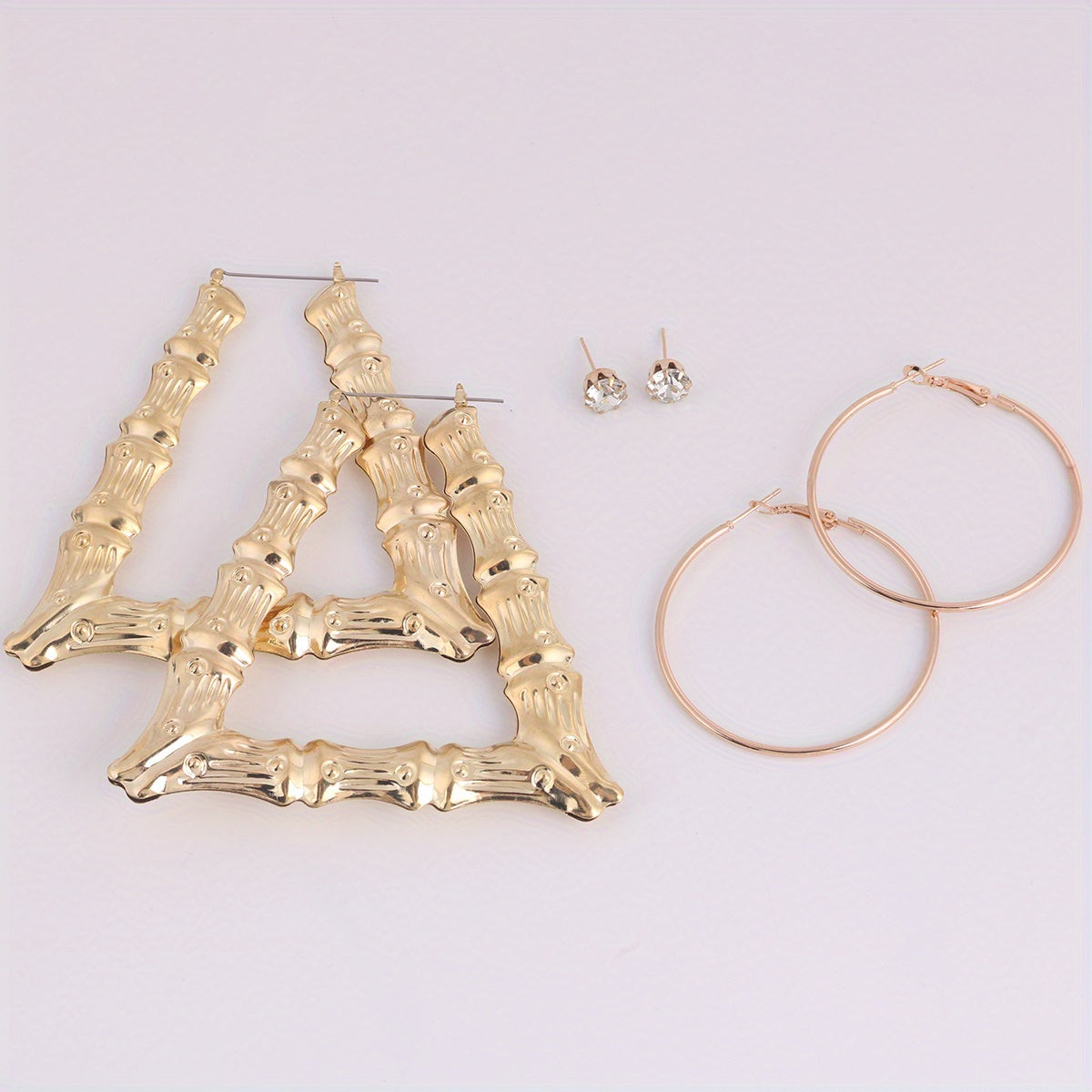 Exaggerated Golden & Silver Bamboo Earrings Set