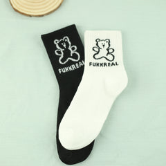 2 Pairs Cartoon Bear Print Socks Women's Comfy & Mid Tube Stockings