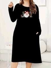 Women's Plus Santa Claus & Art Letter Print Long Sleeve Tee Dress
