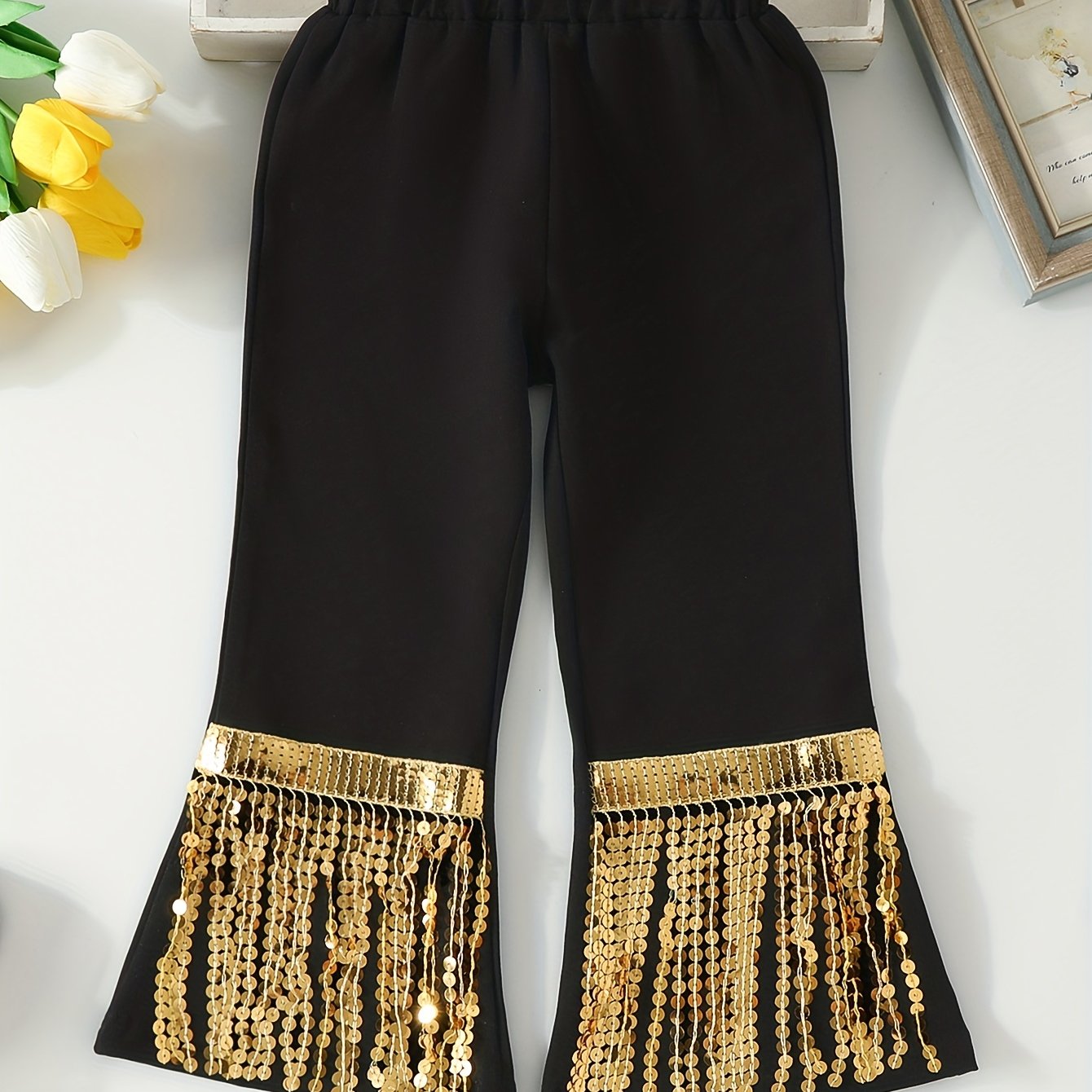 Girls' Sequins Tassel Fringe Bell Bottom Pants & Versatile Spring Fall Outerwear