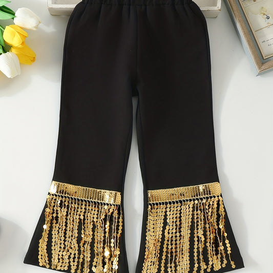 Girls' Sequins Tassel Fringe Bell Bottom Pants & Versatile Spring Fall Outerwear