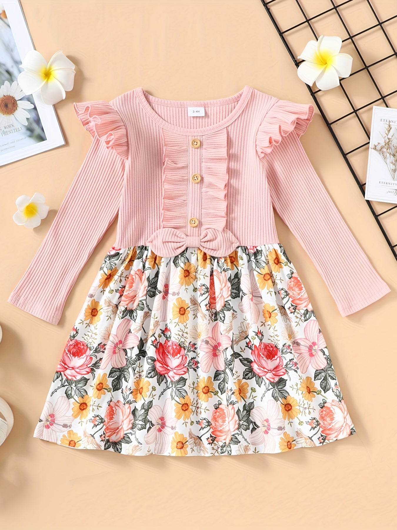 Toddler Kids Floral Print Bowknot Dress Long Sleeves Fall Dress For Girls