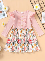 Toddler Kids Floral Print Bowknot Dress Long Sleeves Fall Dress For Girls