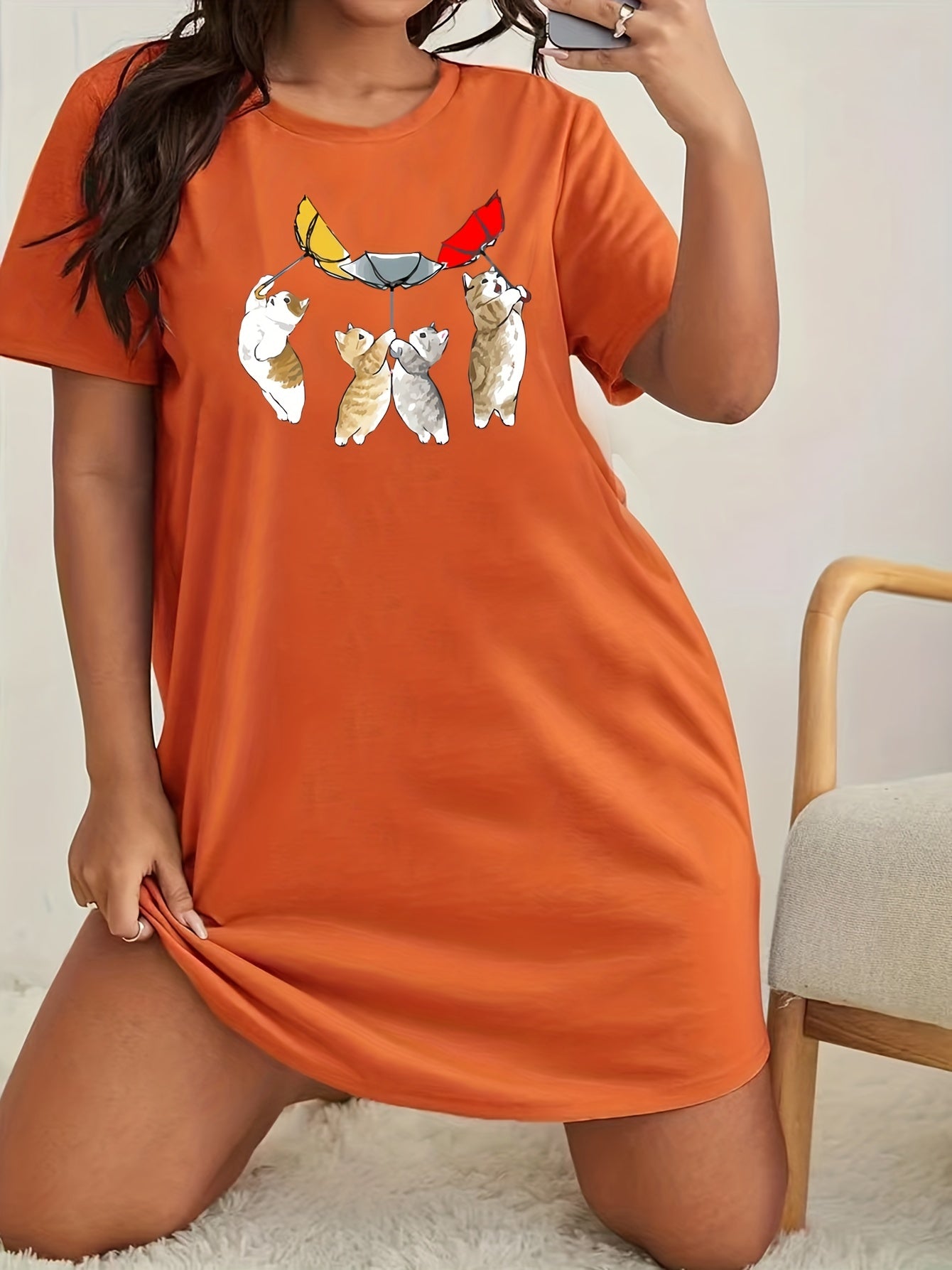 Cat & Umbrella Print Sleep Dress