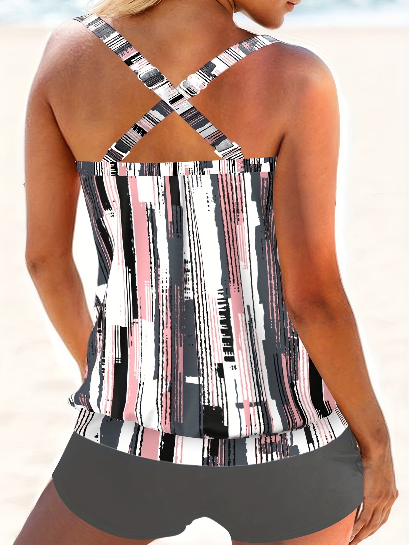 Plus Size Modest Tankini Set Women's Square Neck Cami Top & Shorts Swimsuit