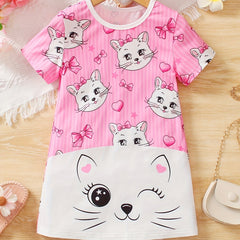 Toddler Girls Cartoon Cat Graphic T-shirt Dress For Party Kids
