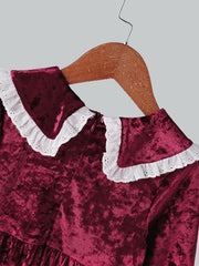 Girls Vintage Velvet Dress Long Sleeve Collared Casual Party Outfit
