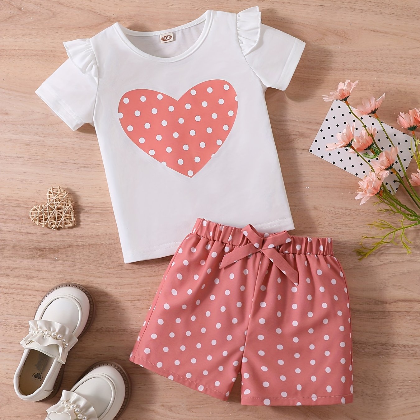 2pcs Toddler Girls Heart Graphic Ruffle Trim T Shirt Top & Shorts Set