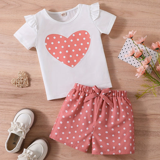 2pcs Toddler Girls Heart Graphic Ruffle Trim T Shirt Top & Shorts Set