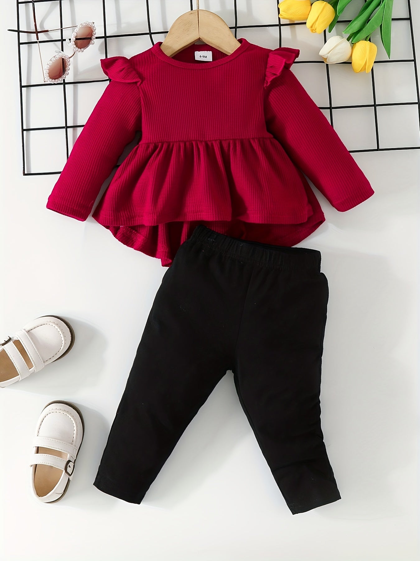 Baby Girls Cartoon Ruffled Ribbed Peplum Top & Pants Set
