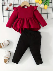 Baby Girls Cartoon Ruffled Ribbed Peplum Top & Pants Set