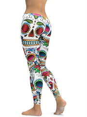 Skull & Flower Print Yoga Sports Pants Halloween Fitness Leggings