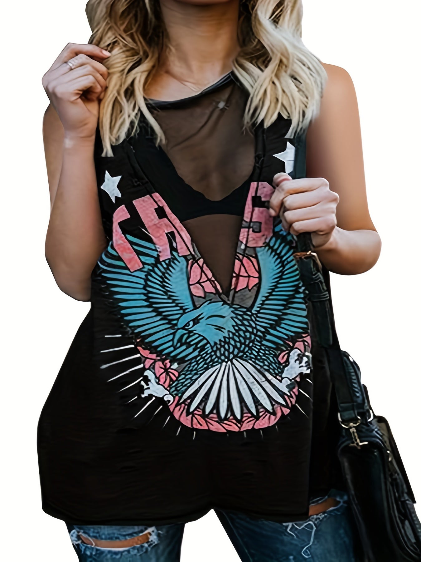 Sexy Tank Top Women Eagle Print Mesh Tank