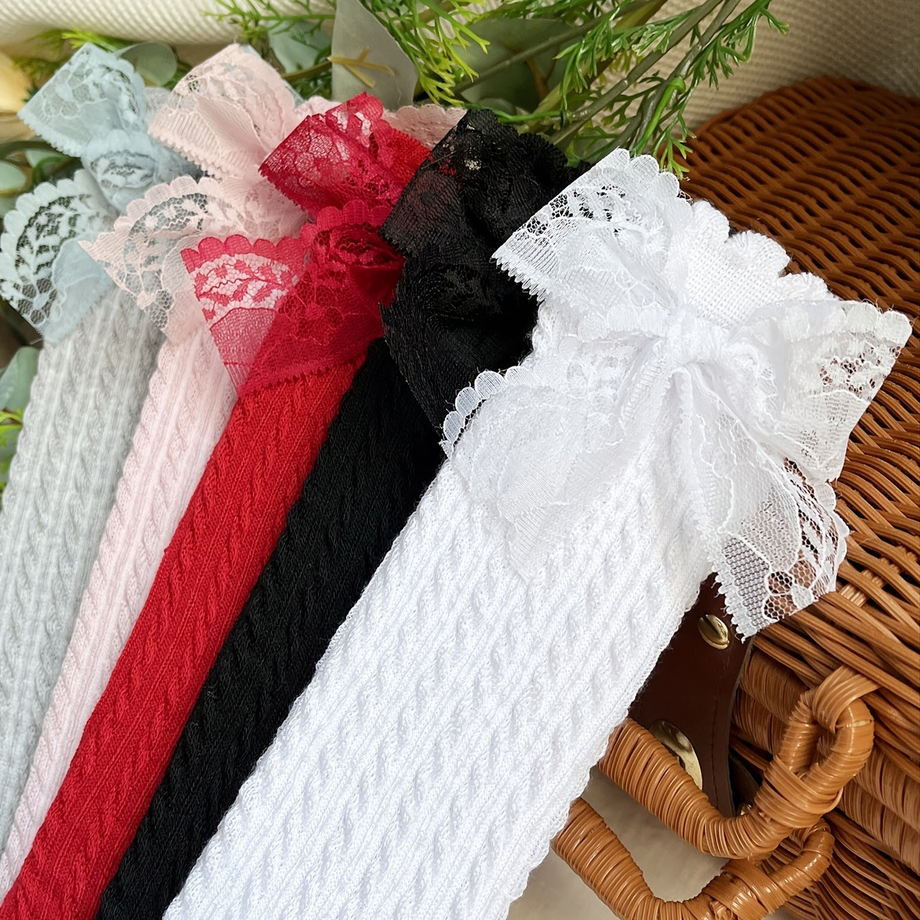 5 Pairs Girls Lace Bow Knit High Socks for Autumn/Spring