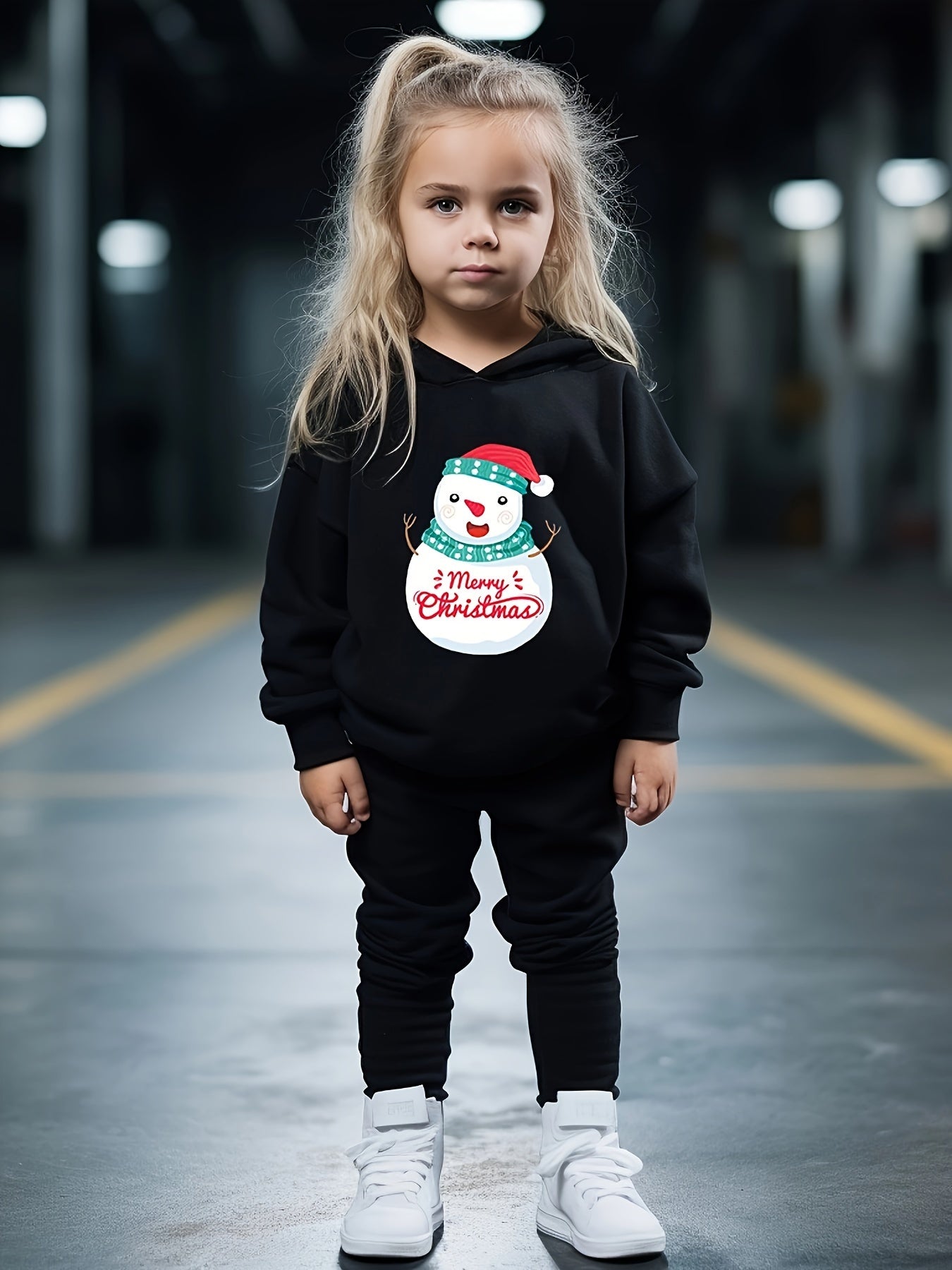 Girls Snowman Santa Hat Pattern Hoodie Set
