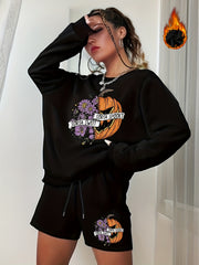 Women's Plus Pumpkin Print Sweatshirt & Shorts 2pcs Set