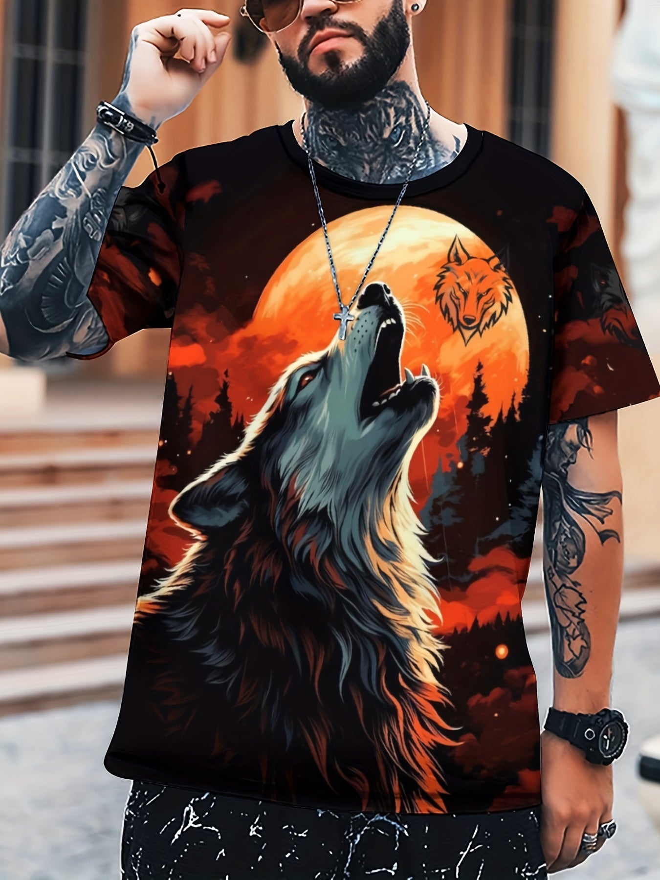 Men's Wolf & Red Moon Graphic T shirt Active Stretch Breathable 3D Print