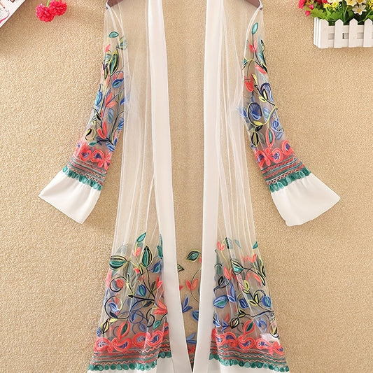 Floral Embroidered Sheer Cover Up Shirt Loose Fit Kimono