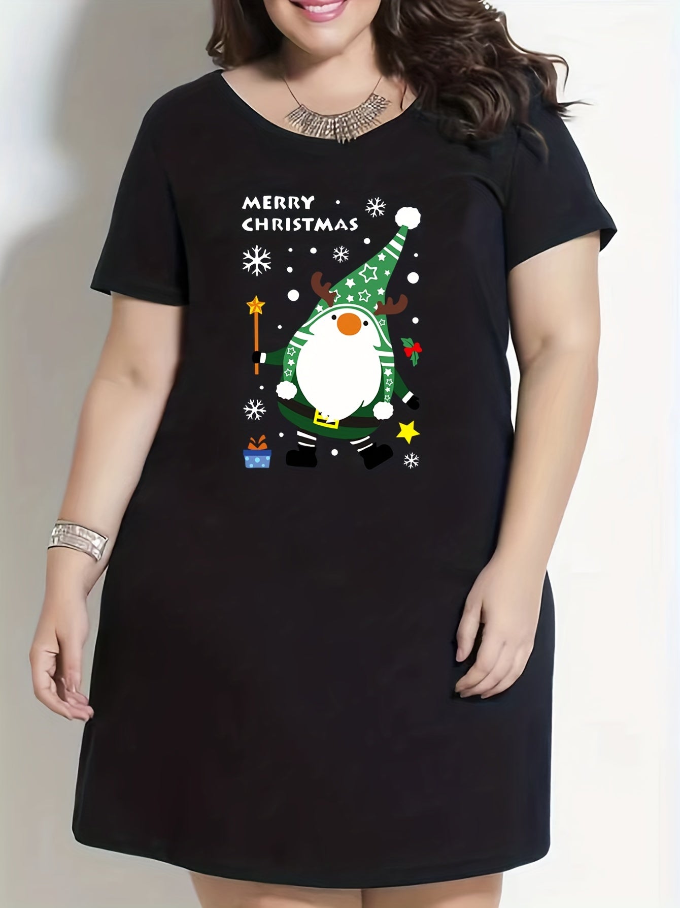 Christmas Lounge Dress Women's Plus Gnome & Snowflake Print Nightdress