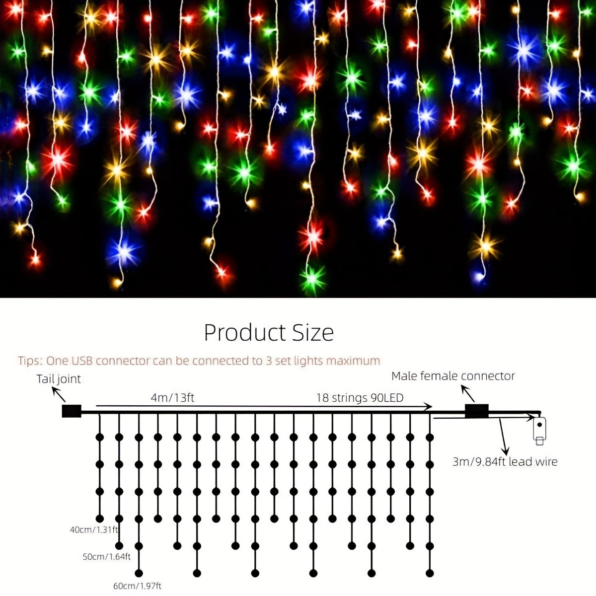 4m 13ft 90LED Icicle Lights Outdoor Decoration 8 Modes USB Plug In Waterproof