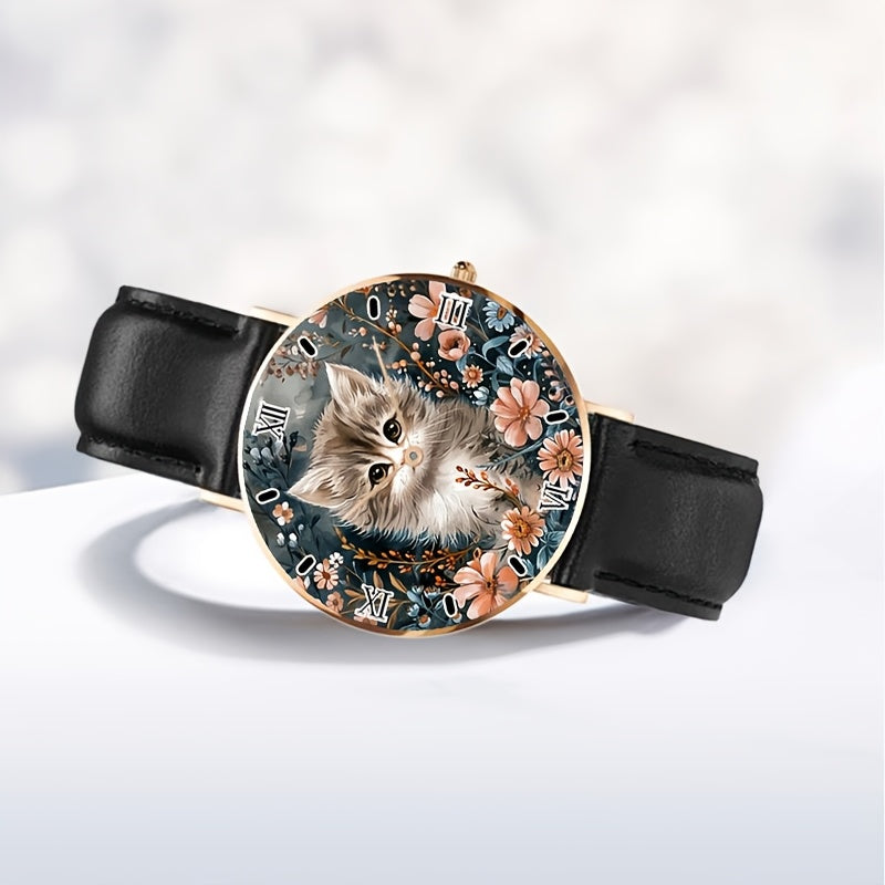 Calico Cat Analog Watch Unisex Minimalist Floral Faux Leather Strap Quartz