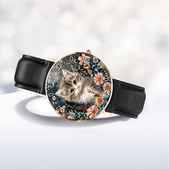 Calico Cat Analog Watch Unisex Minimalist Floral Faux Leather Strap Quartz