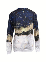 Marble Print Crew Neck Sweatshirt Long Sleeve Casual Top