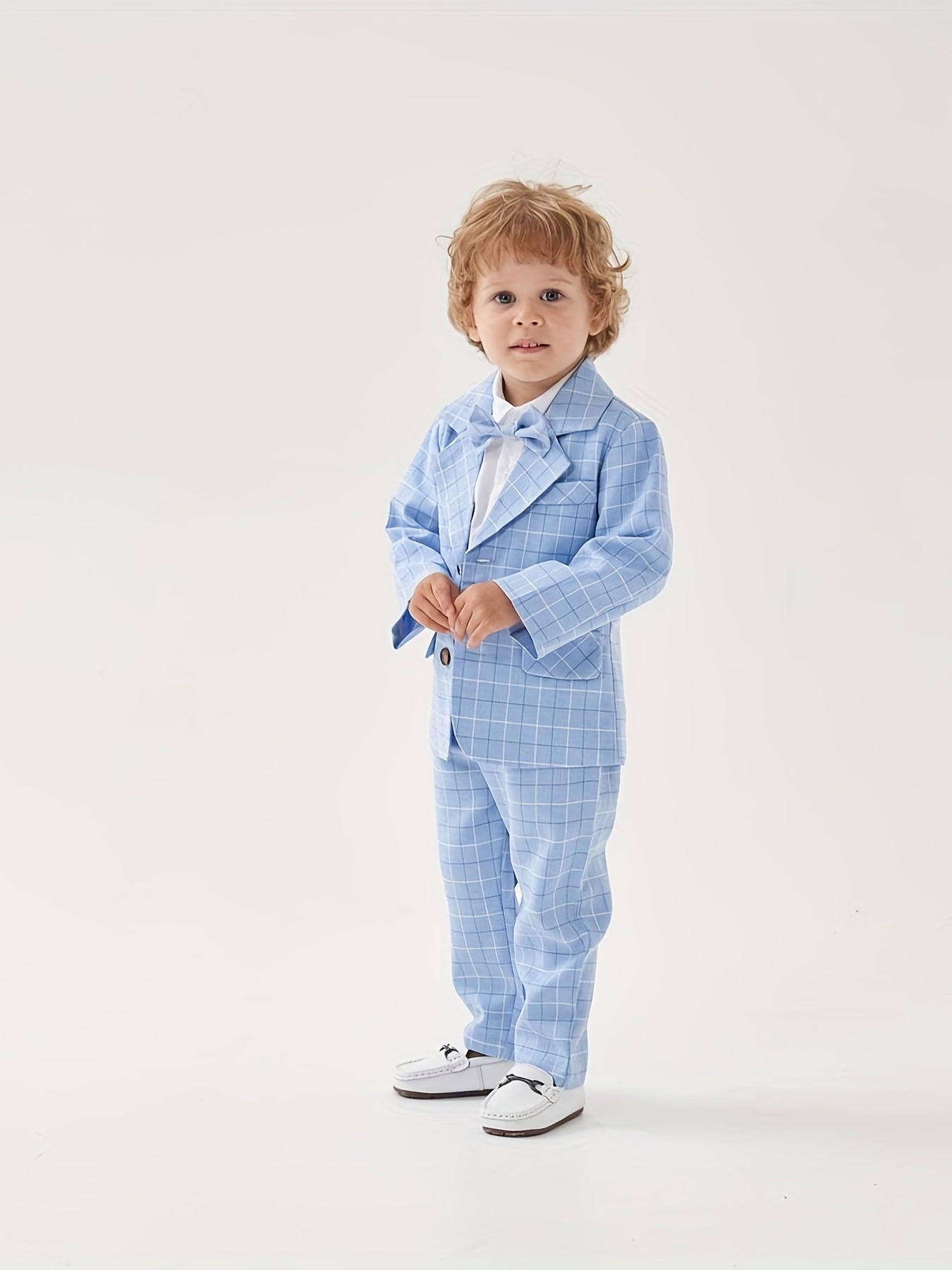 Baby Boys Gentleman 2pcs Suit Plaid Top With Bow Plaid Pants