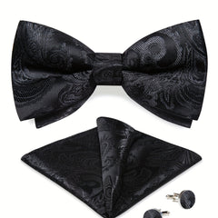 Men Silk Paisley Cravat Cufflinks Hanky Set Wedding Butterfly Tie